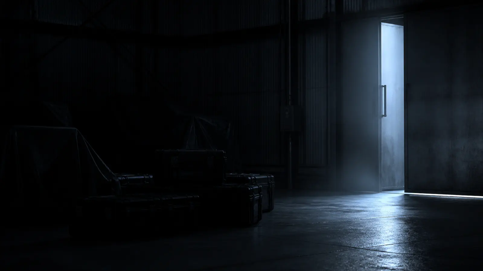 A dark workshop lit through a part-open door.