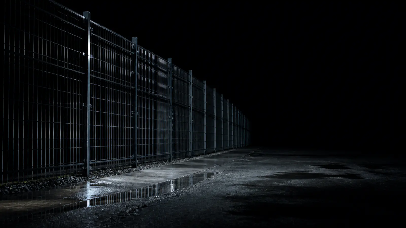 A perimeter fence receding into haze.