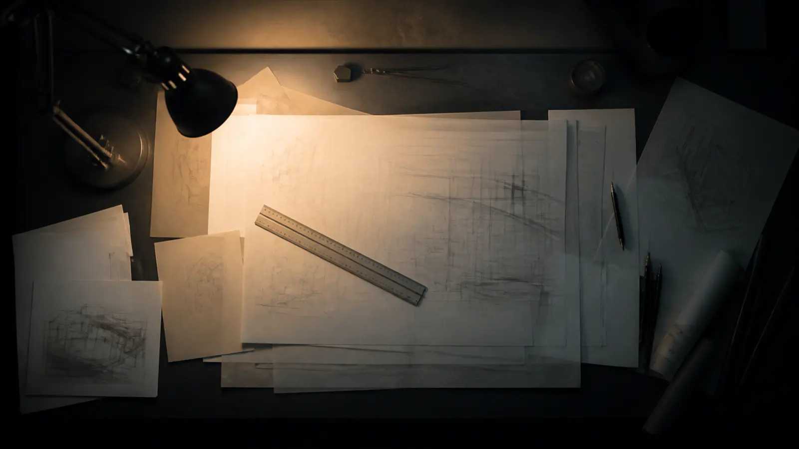 A drawing table under a single lamp.