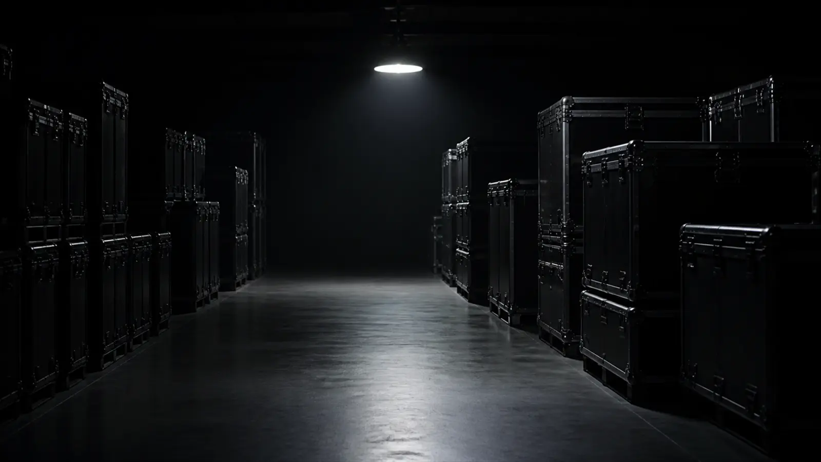 Equipment cases stacked in a dark staging bay.