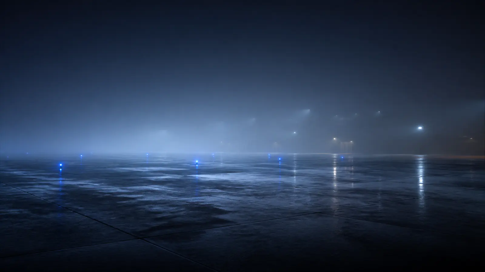 An empty airport apron before dawn.