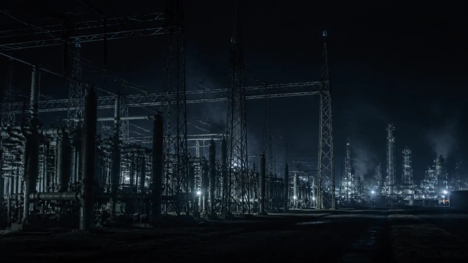 An industrial plant at night.