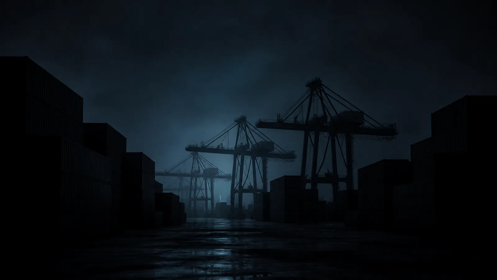 A port container yard in silhouette.